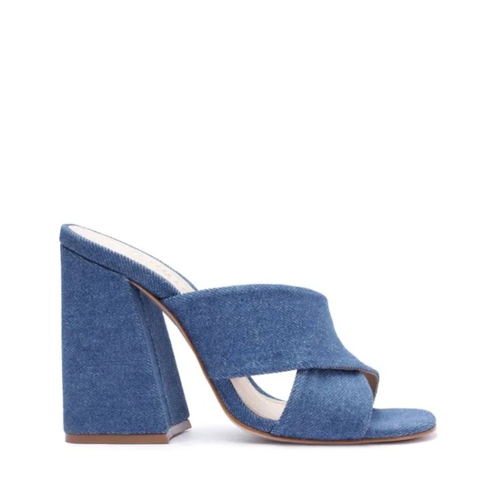 SCHUTZ Blue Denim Crisscross Block Heel Sandals